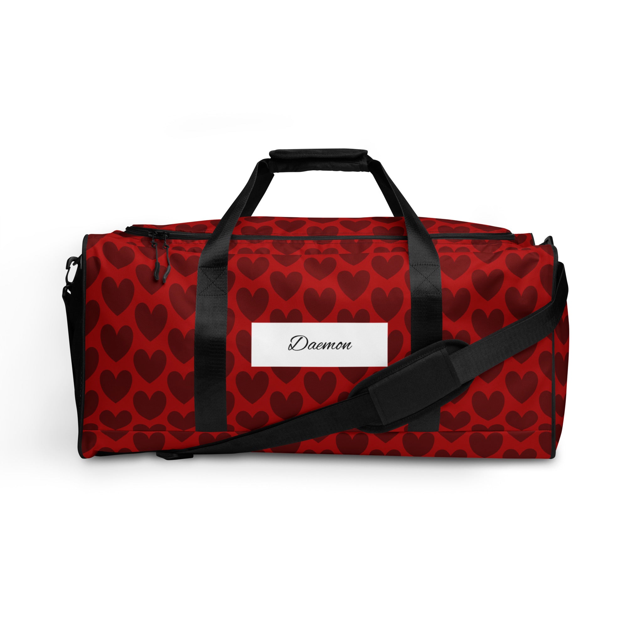 White Daemon Luxury Heartfelt Borsone duffle bag with all-over print and sturdy handles, designed for travel and storage.