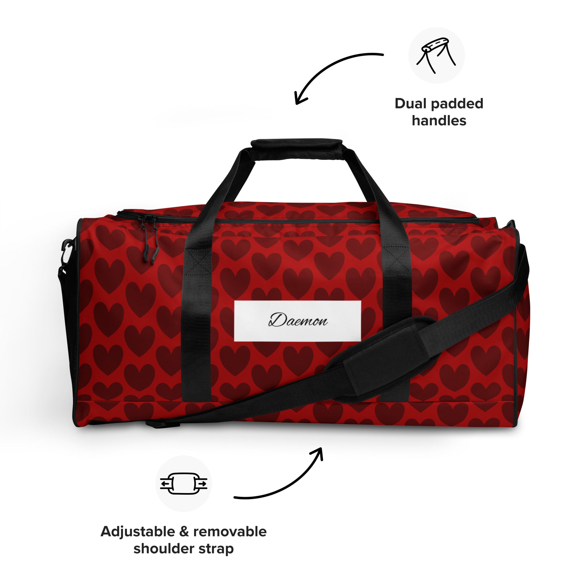 Daemon Luxury Heartfelt white label duffle bag with all-over print, front view, showcasing spacious design and stylish details.