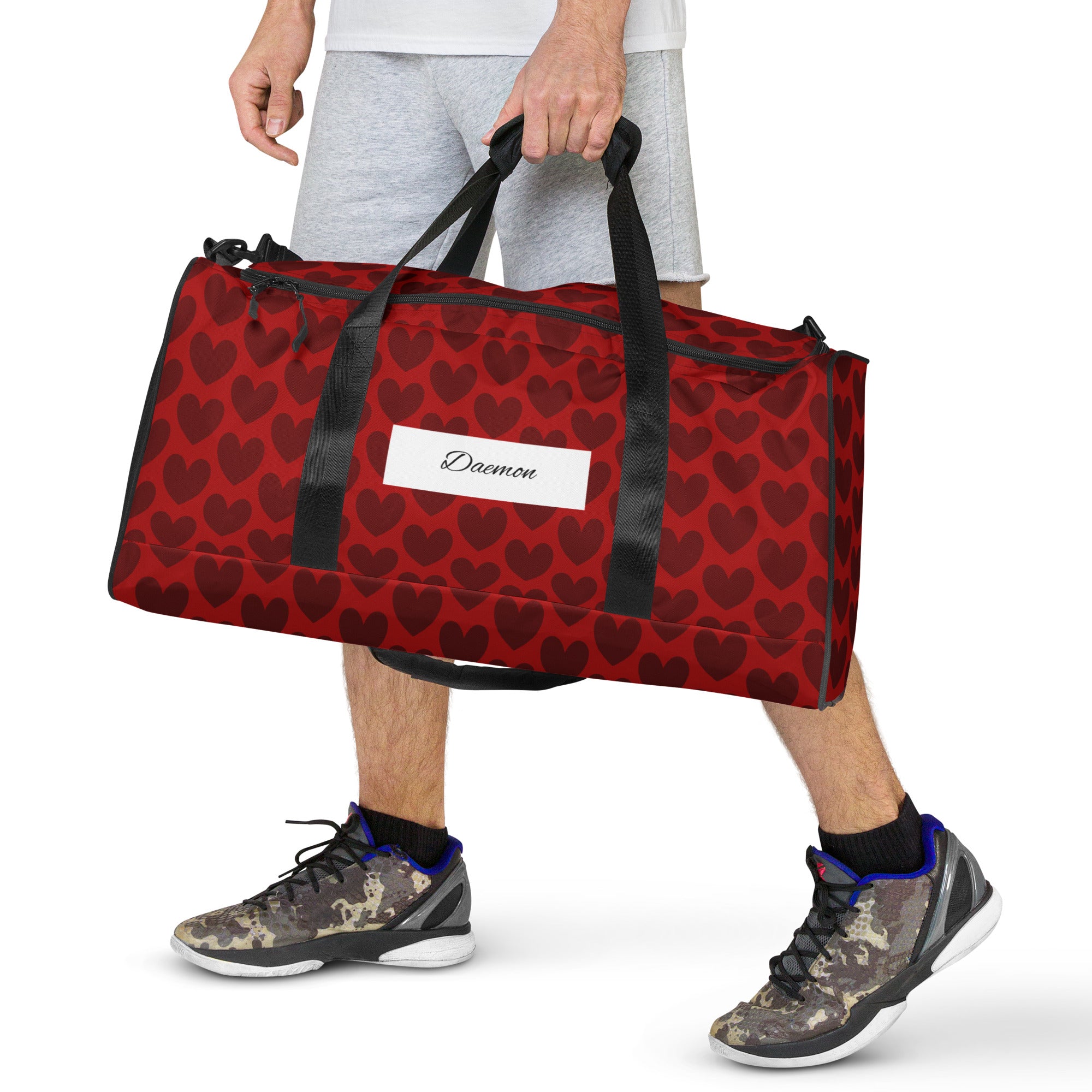 Heartfelt white label Borsone duffle bag by Daemon Luxury with all-over print design and sturdy carry handles.