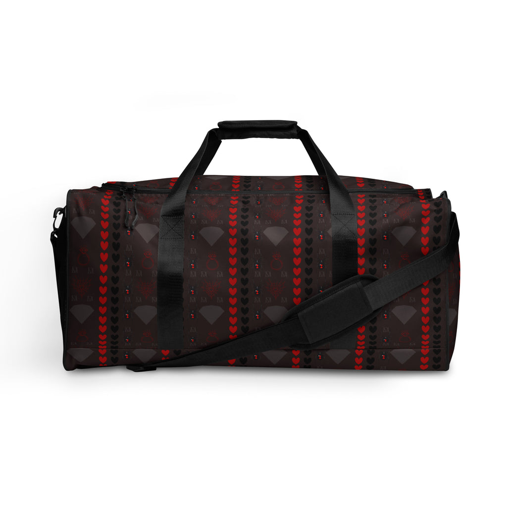 White Supreme Models More Less Love duffle bag by Daemon Luxury with all-over print and sturdy handles.