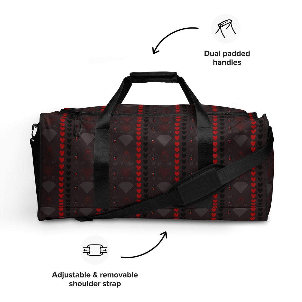 White Supreme Models "More Less Love" duffle bag by Daemon Luxury with all-over print, front view showing detailed design.