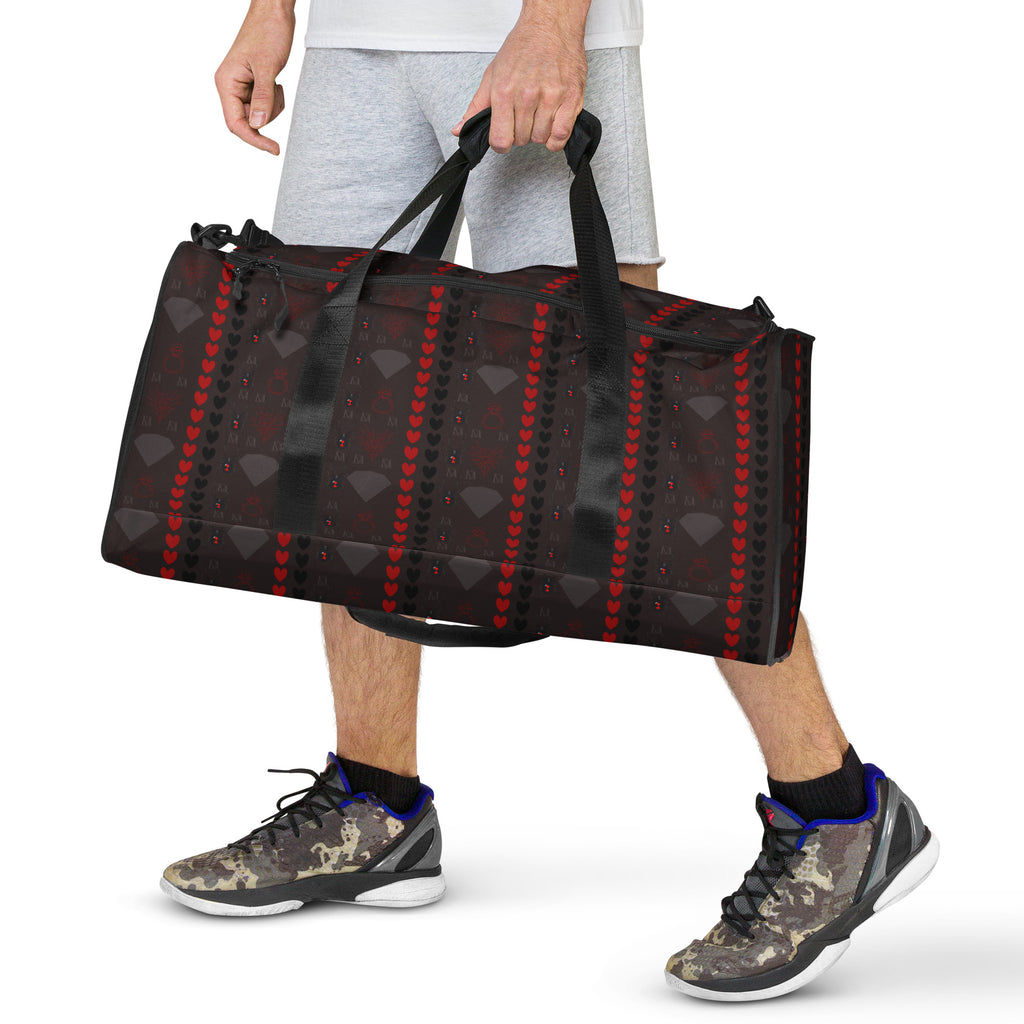 Daemon Luxury Supreme Models More Less Love white duffle bag with all-over print, stylish and spacious for travel or daily use