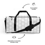 White Daemon Luxury Frosted Heartfelt sunless all-over-print duffle bag with heart pattern and sturdy handles.