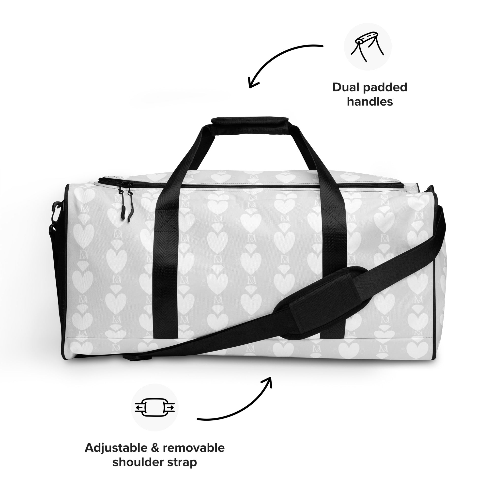 White Daemon Luxury Frosted Heartfelt sunless all-over-print duffle bag with heart pattern and sturdy handles.