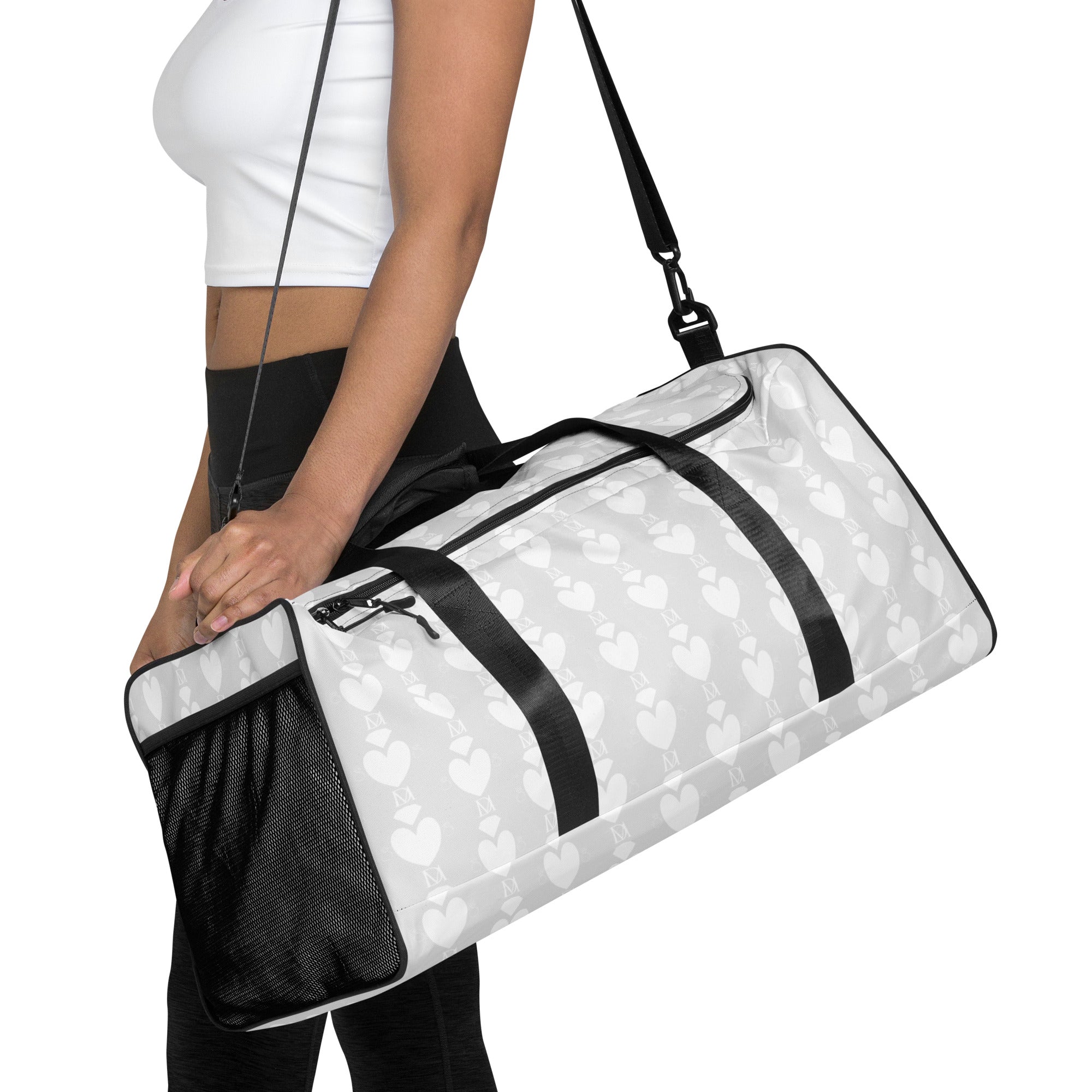 White Daemon Luxury Frosted Heartfelt sunless duffle bag with all-over print and sturdy handles.