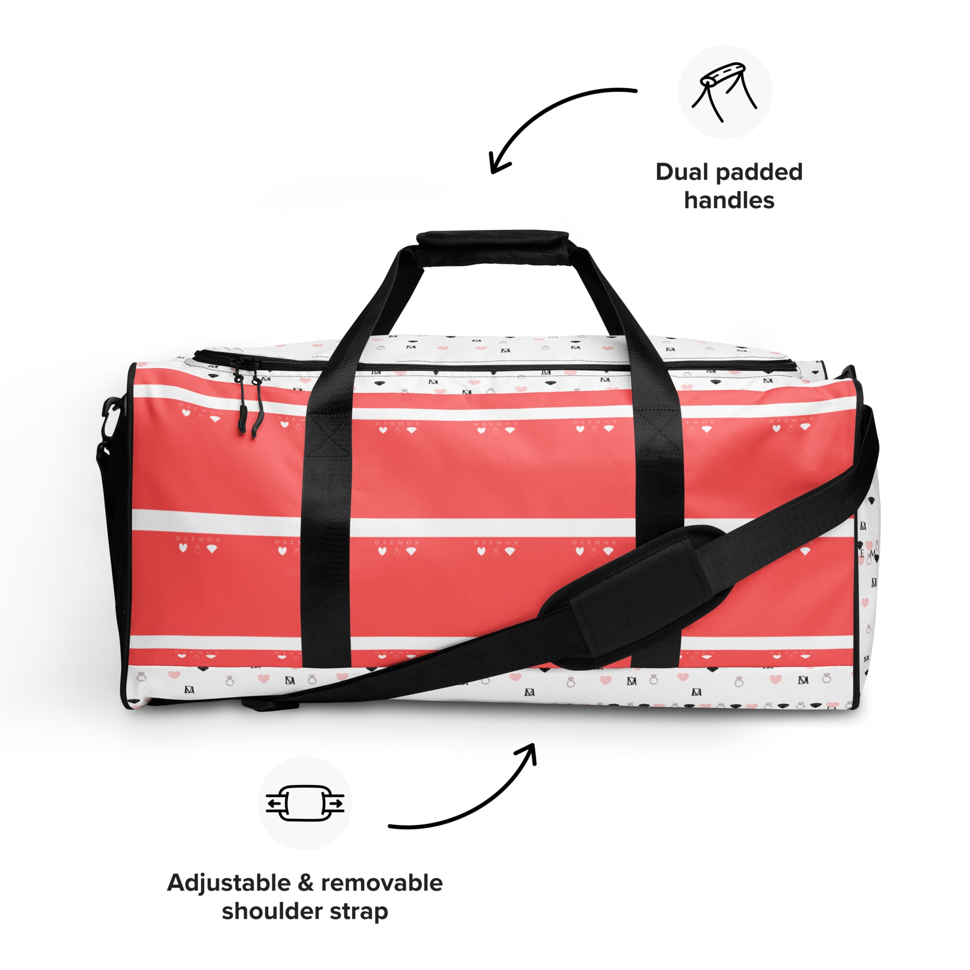 Daemon Luxury SACHI BANS Artica Blizzard duffle bag with all-over white print, showcasing its spacious design and sturdy handles.