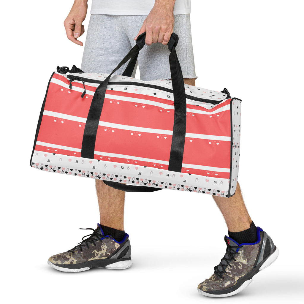 White all-over-print SACHI BANS Artica Blizzard duffle bag by Daemon Luxury with sturdy handles and spacious interior.