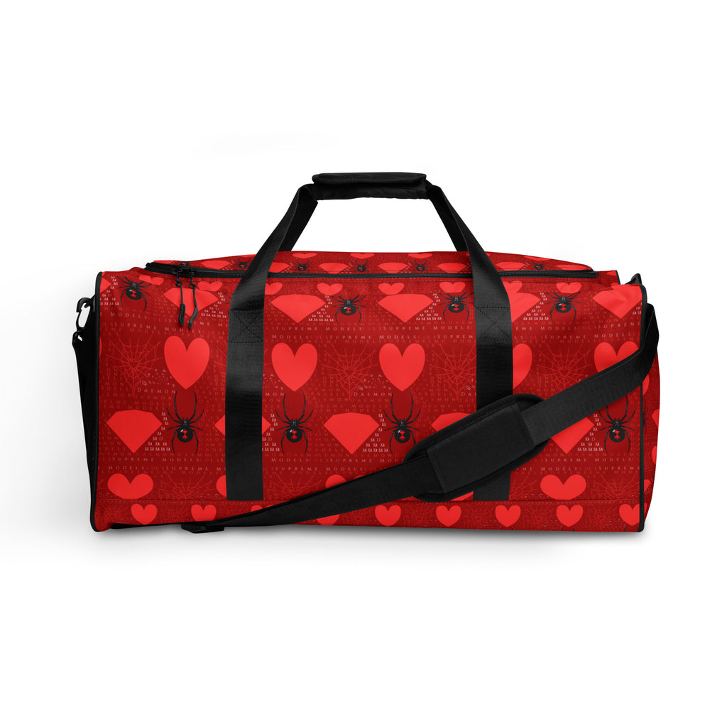 White Supreme Models (Foreigners Luv) Borsone duffle bag by Daemon Luxury with all-over print design, front view.