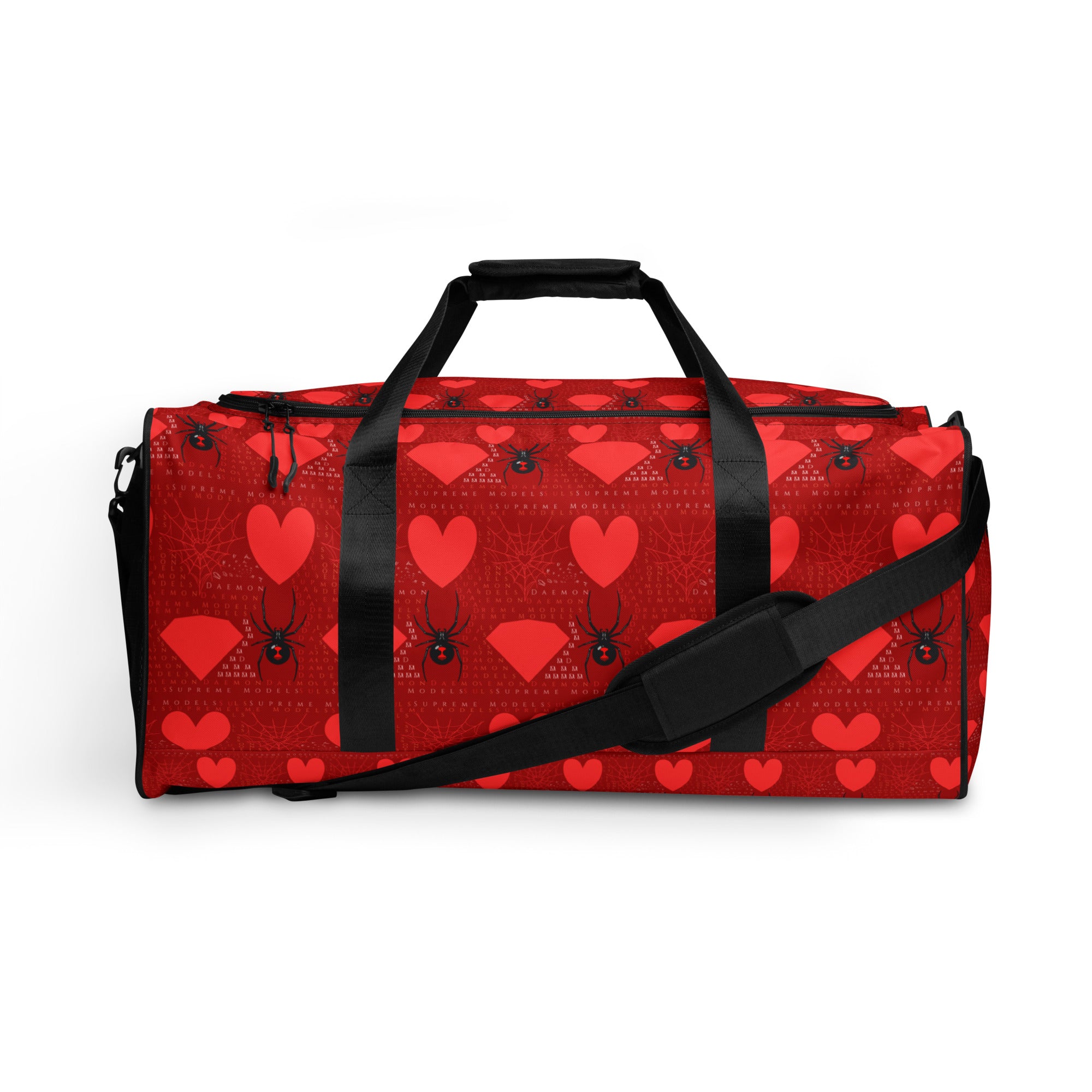 White Supreme Models (Foreigners Luv) Borsone duffle bag by Daemon Luxury with all-over print design, front view.