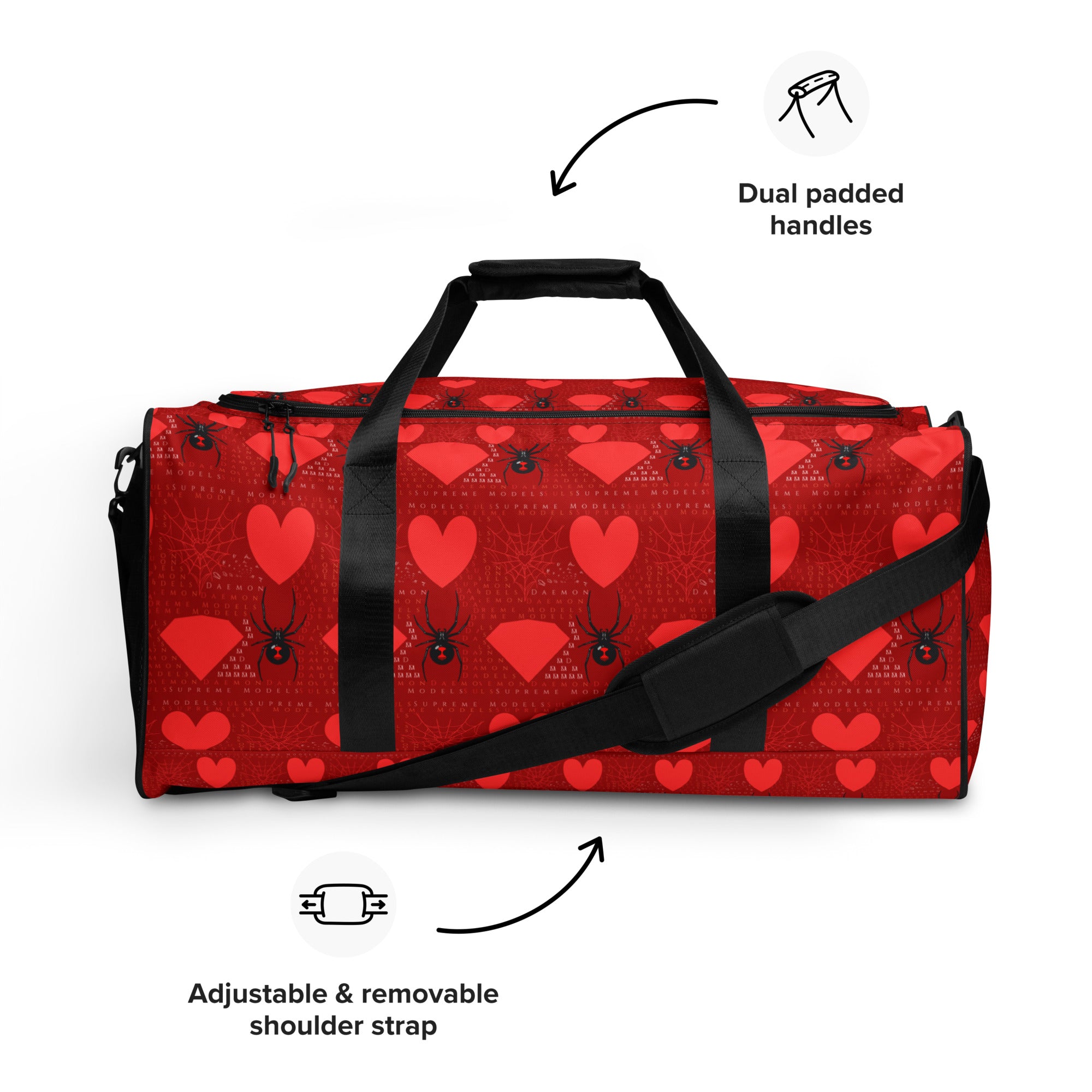 Daemon Luxury Supreme Models Borsone duffle bag with all-over print, white background, featuring bold graphic design.