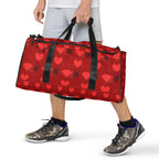 Daemon Luxury Supreme Models Foreigners Luv all-over-print duffle bag in white, featuring bold graphic design and sturdy handles.