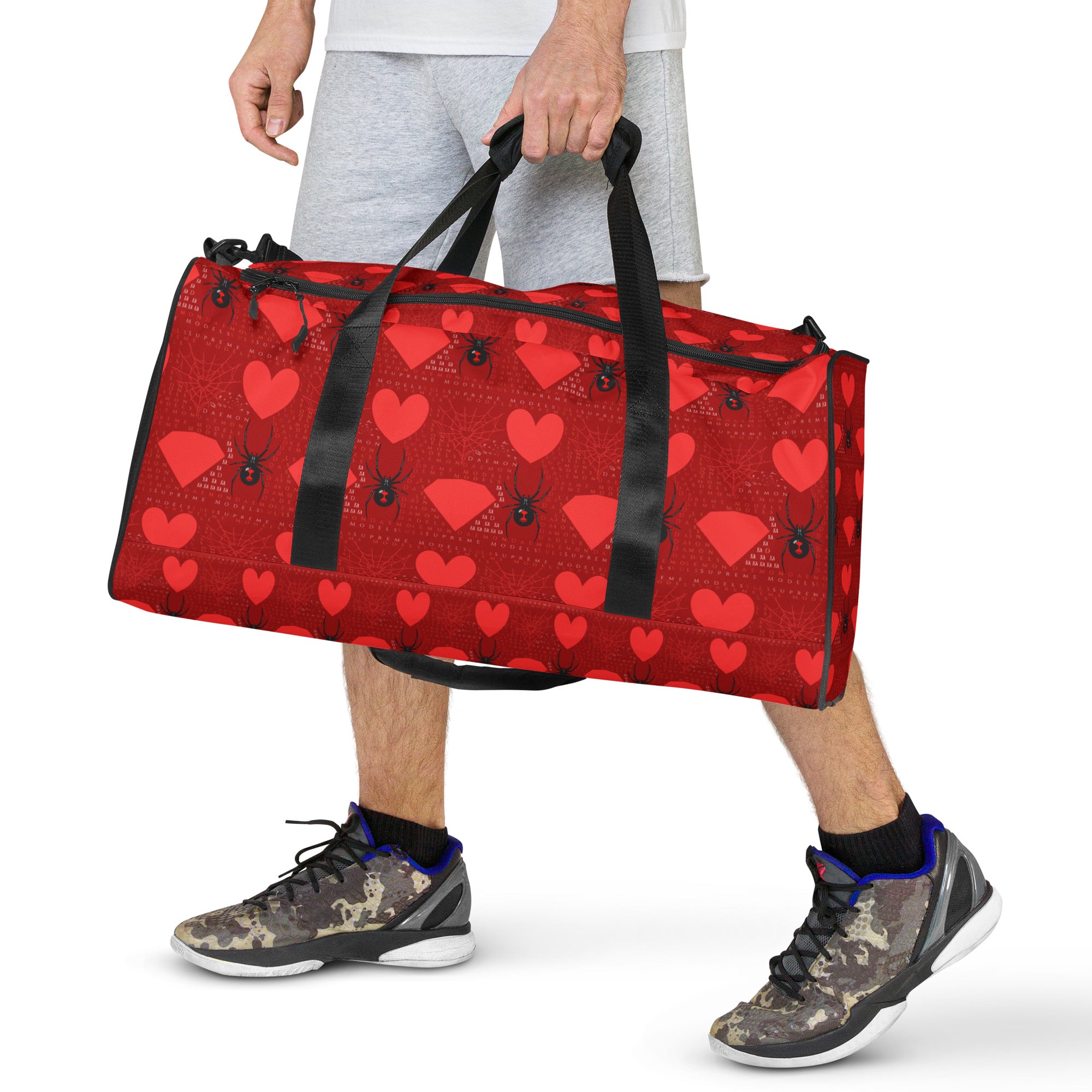 Daemon Luxury Supreme Models Foreigners Luv all-over-print duffle bag in white, featuring bold graphic design and sturdy handles.