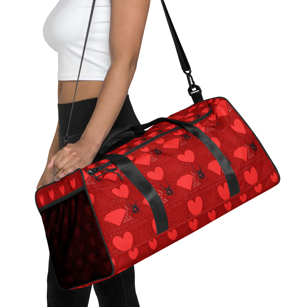 Daemon Luxury Supreme Models Foreigners Luv white all-over-print duffle bag with bold graphic design and sturdy handles.