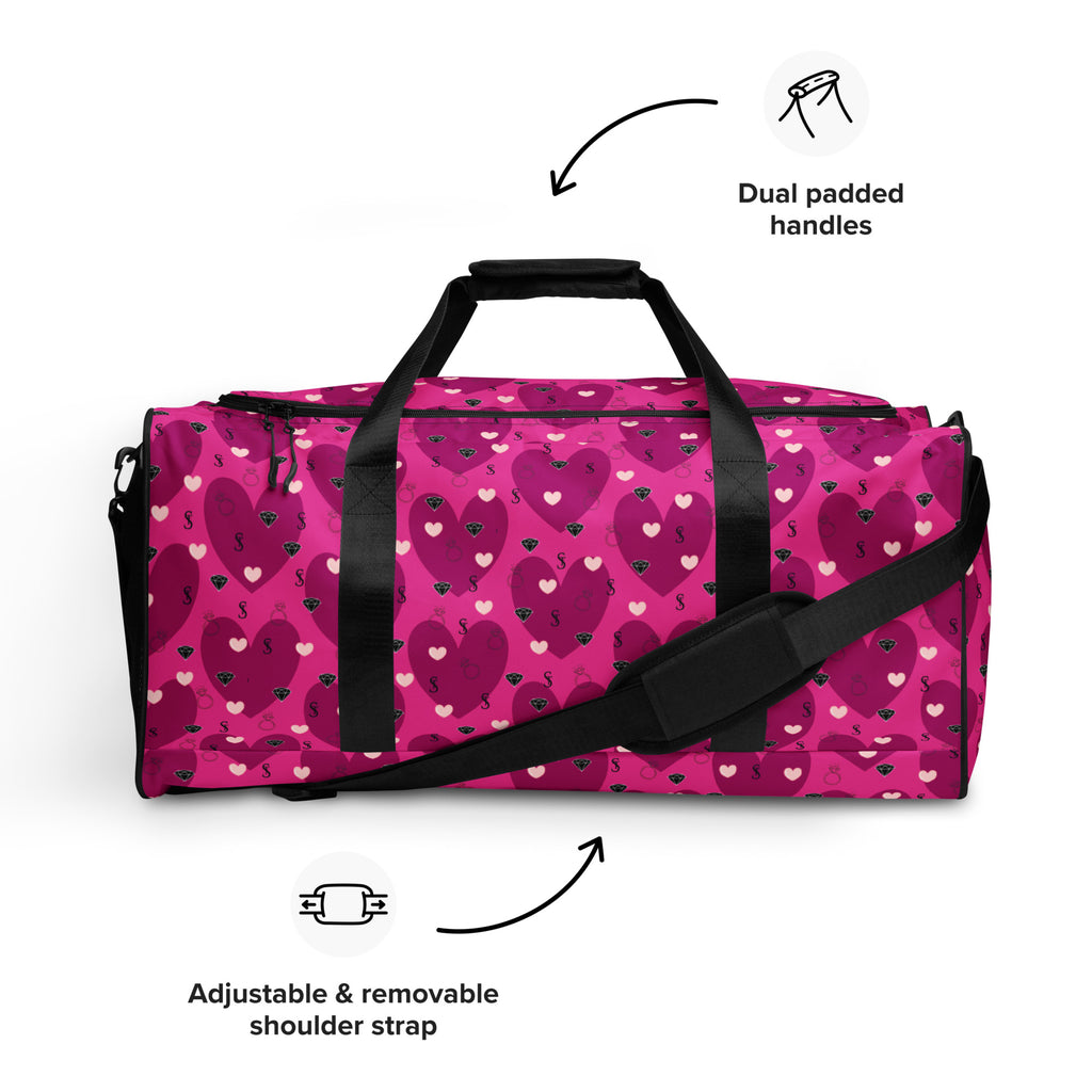 Daemon Luxury Heartfelt STF Little Magenta duffle bag with all-over pink and white print, featuring sturdy handles and spacious design.