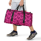 Heartfelt STF Little Magenta Borsone duffle bag with all-over print in white, featuring vibrant magenta heart pattern by Daemon Luxury.