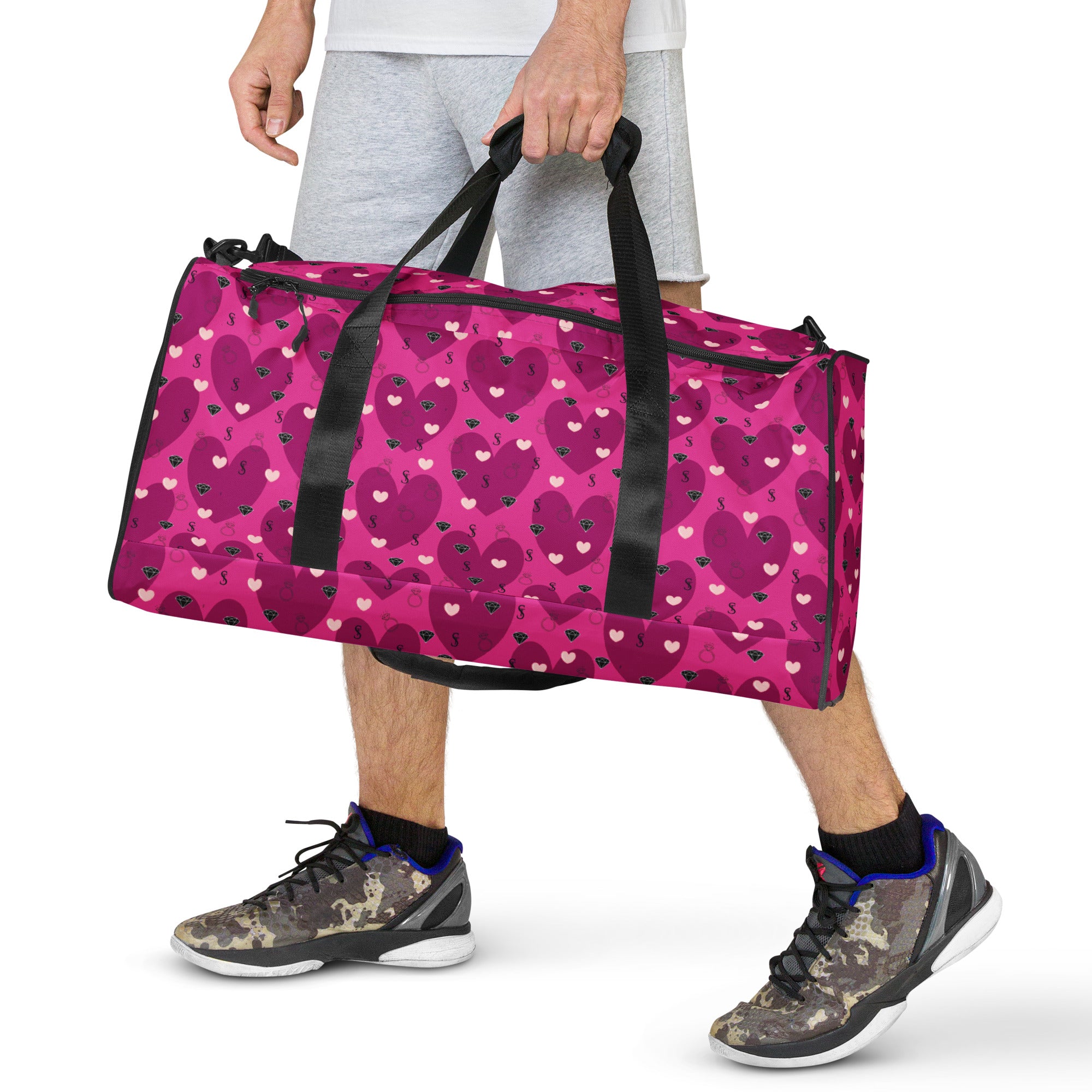 Heartfelt STF Little Magenta Borsone duffle bag with all-over print in white, featuring vibrant magenta heart pattern by Daemon Luxury.