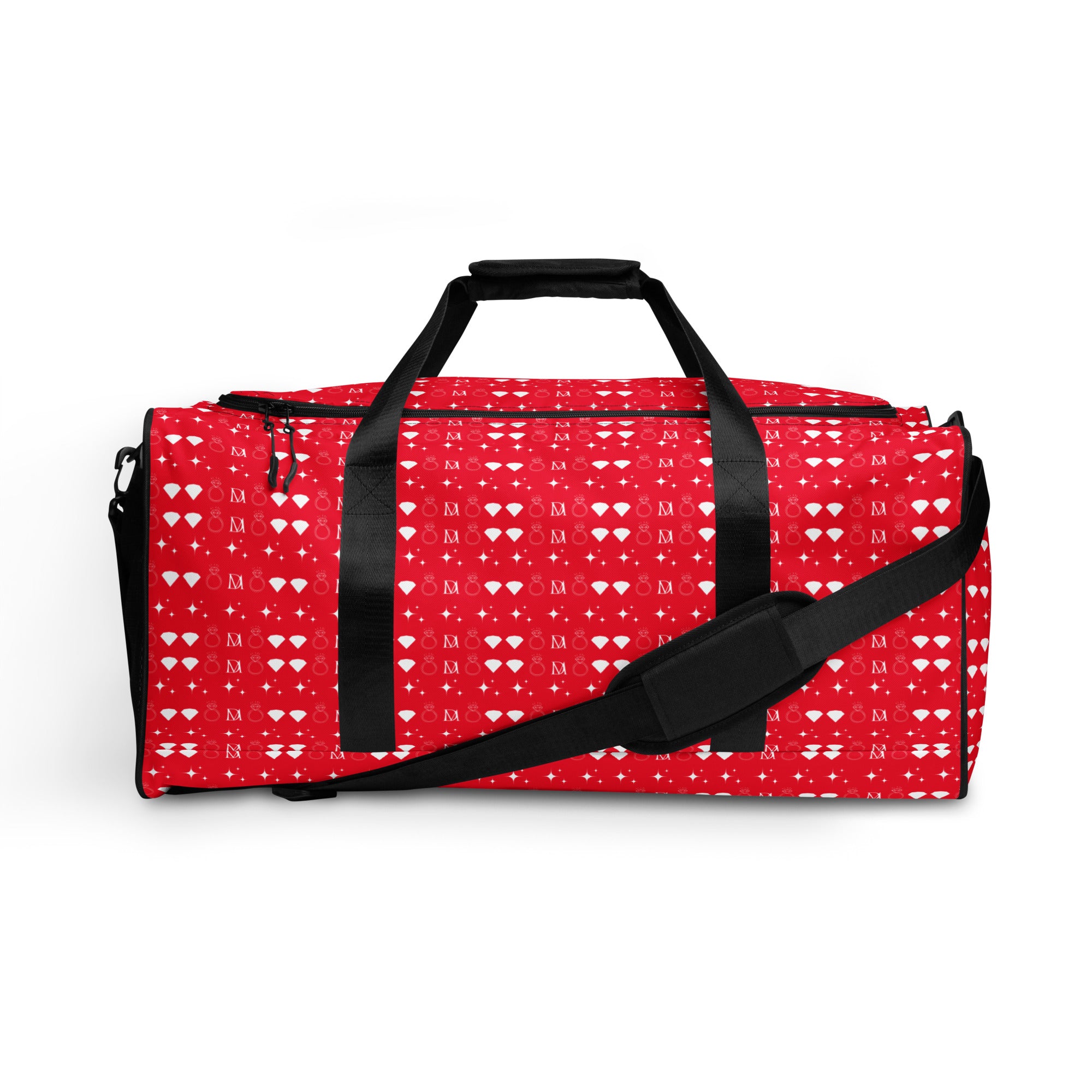 White Daemon Luxury Frosted Diamonds Venus duffle bag with all-over print and sturdy handles, ideal for travel and gym use.