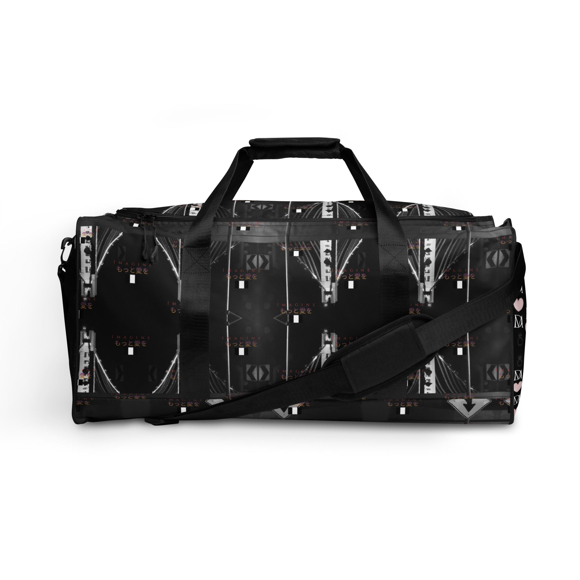Southgate Borsone duffle bag by Daemon Luxury with all-over white print, featuring sturdy handles and spacious storage.