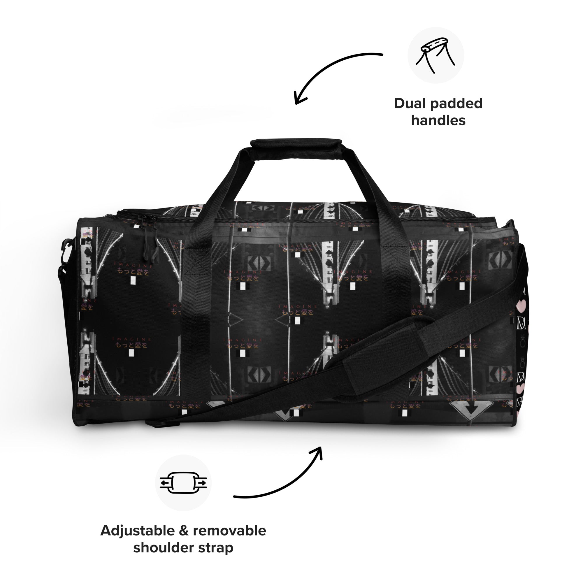 White Southgate Treasured Borsone duffle bag by Daemon Luxury with all-over print and sturdy handles.
