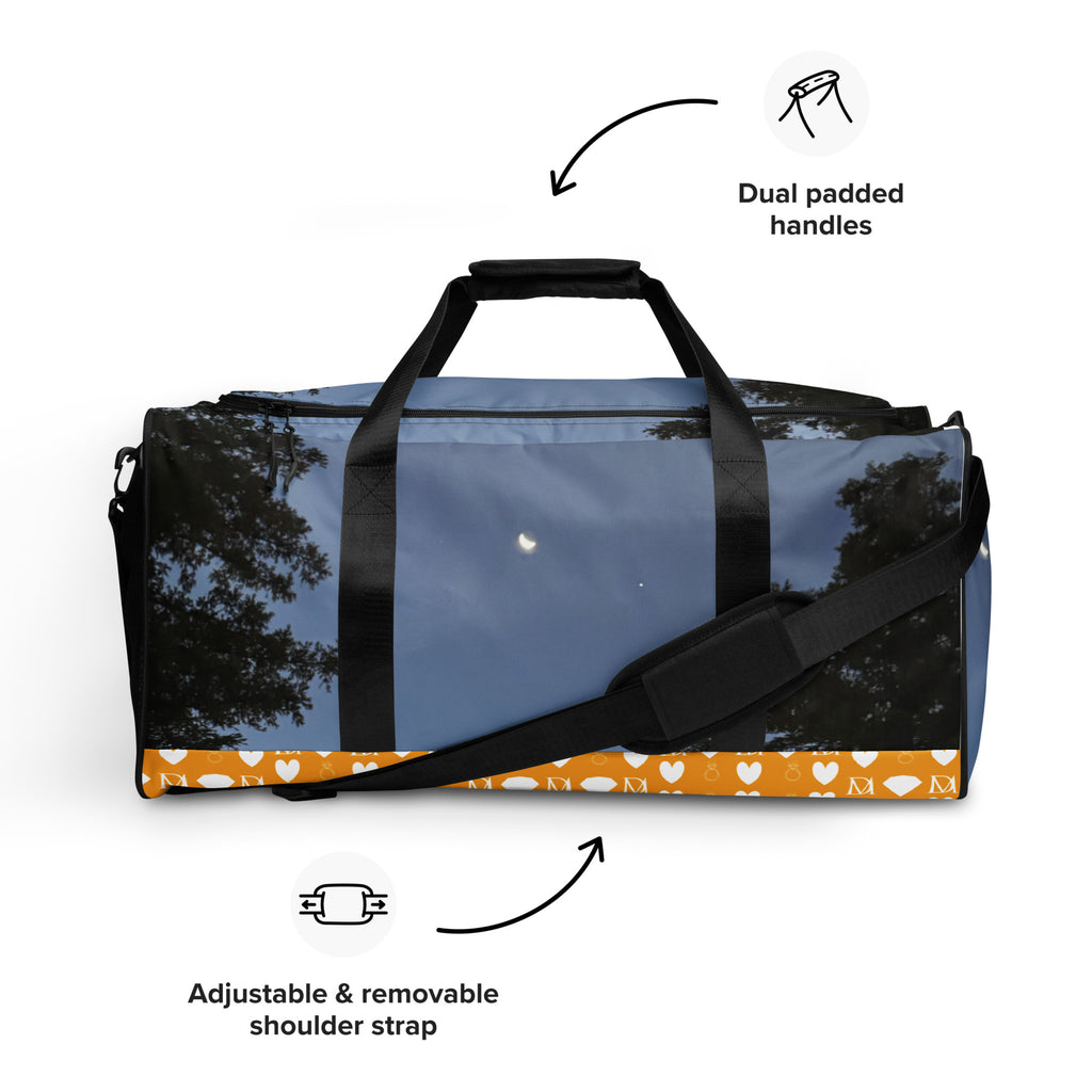 Daemon Luxury Crescent City Tarmin Honeybees all-over-print duffle bag with white background and black handles, stylish travel accessory.