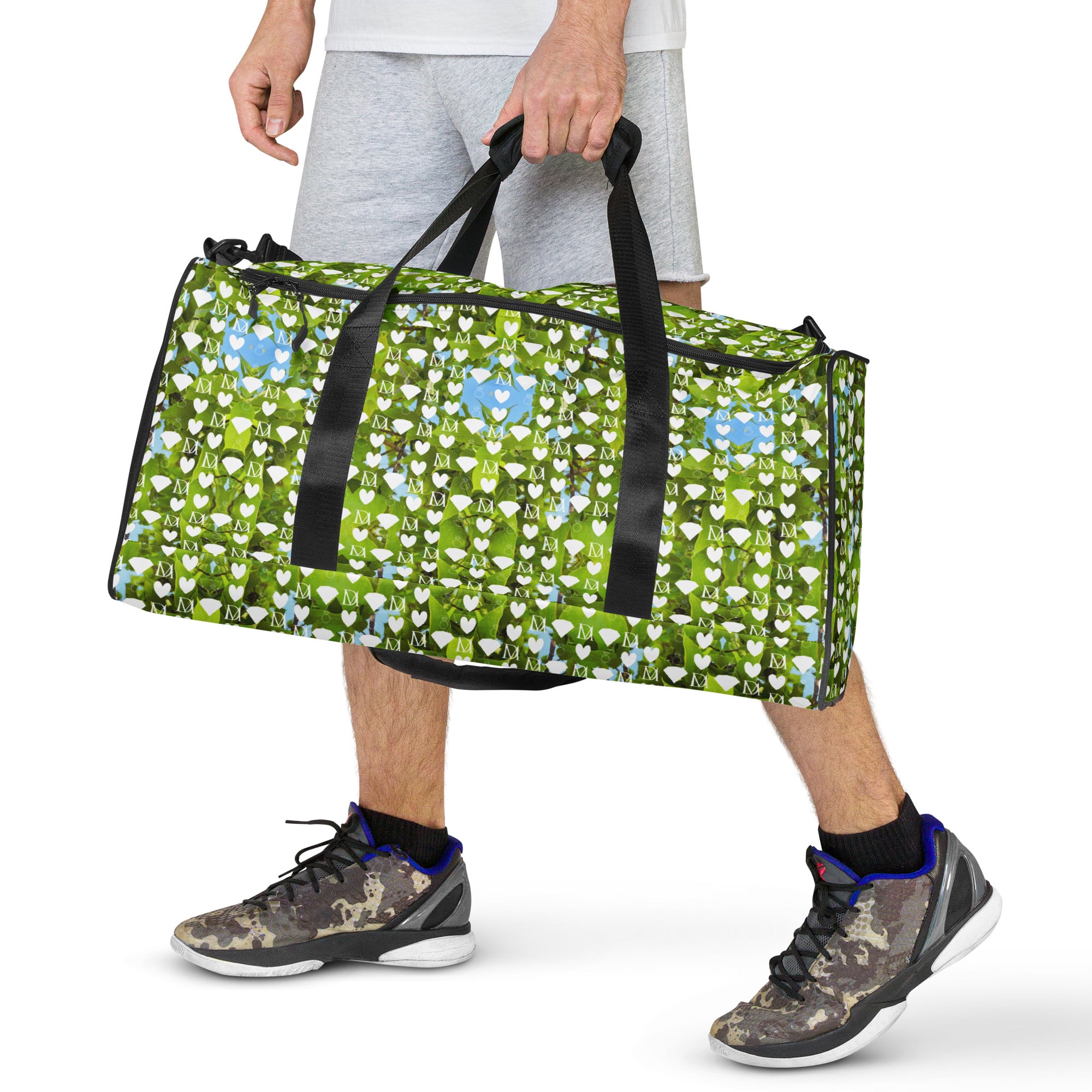 Daemon Luxury Belly Red’s Garden (Rebirth) Borsone duffle bag with all-over print, white background, showcasing floral and artistic design.