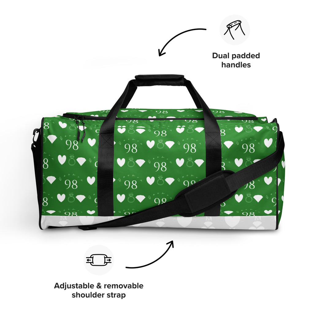 Daemon Luxury Belly Red’s Garden all-over-print duffle bag with white background, featuring vibrant floral design and spacious storage.
