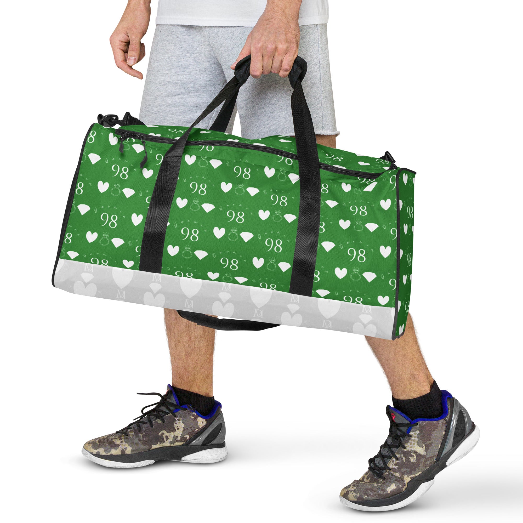 Daemon Luxury Belly Red’s Garden Enriched Bloom all-over-print duffle bag in white with vibrant floral design.