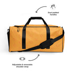 Daemon Luxury Makara Coroner all-over-print duffle bag with white background and detailed artwork, durable and spacious for travel.