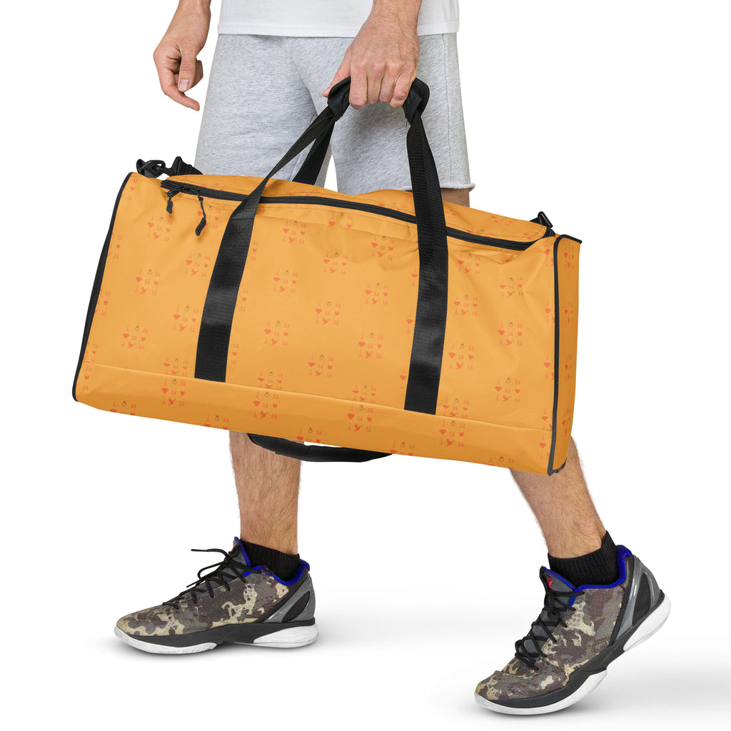 Daemon Luxury Makara Coroner all-over-print duffle bag featuring a white design with intricate Lucciole Falò artwork.