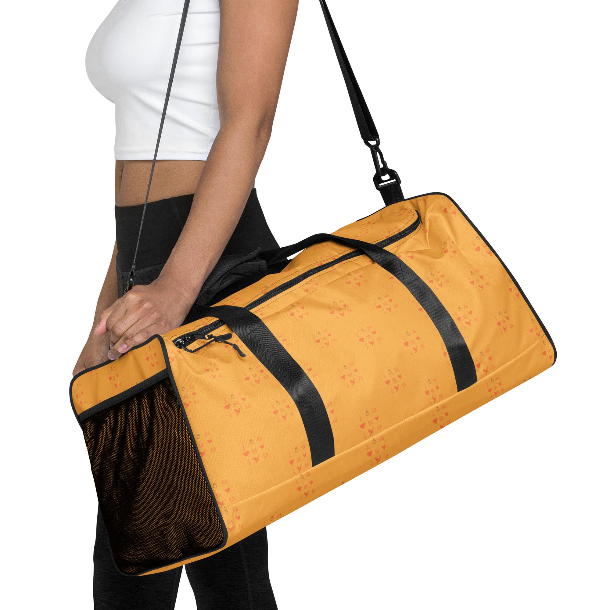 Daemon Luxury Makara Coroner all-over-print duffle bag featuring white fabric and detailed design, ideal for travel and storage.