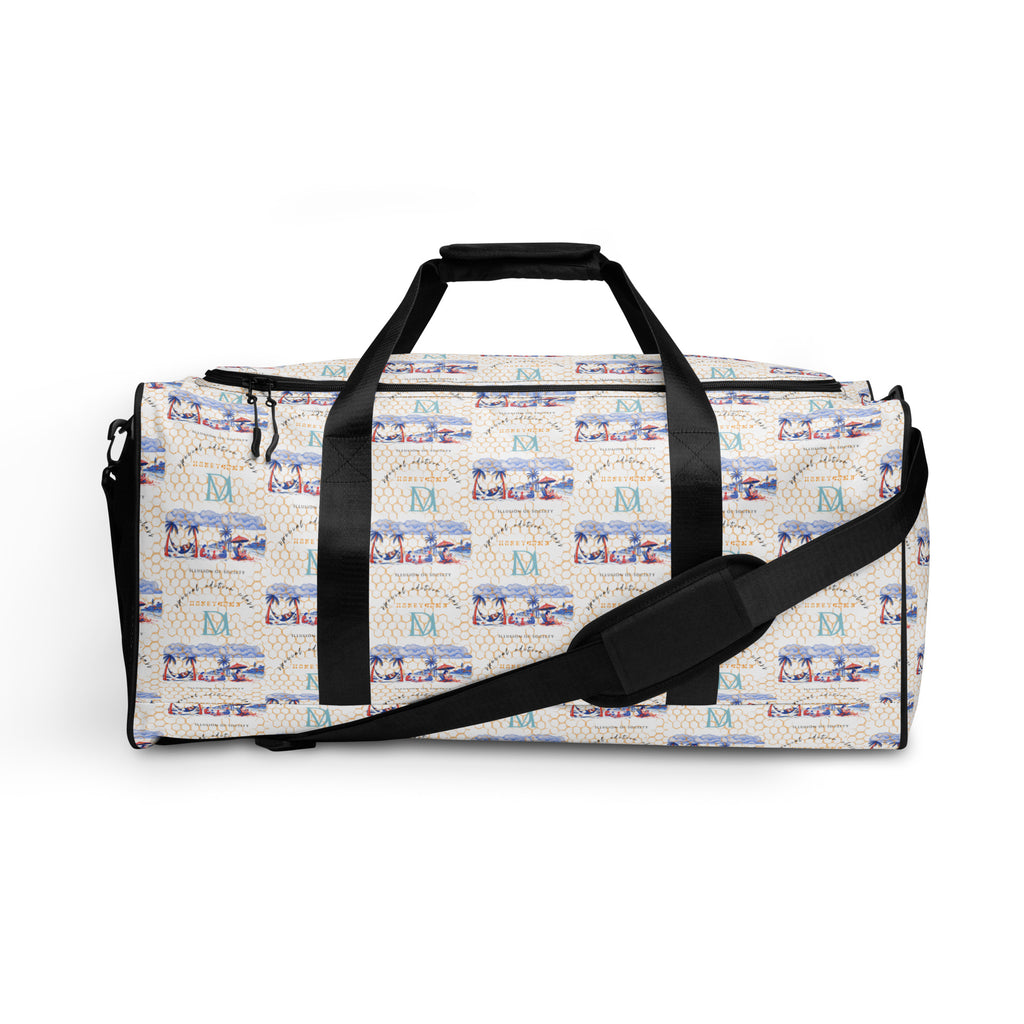 Daemon Luxury Honeybee Intel forecast duffle bag with all-over white print, featuring detailed bee and weather design.