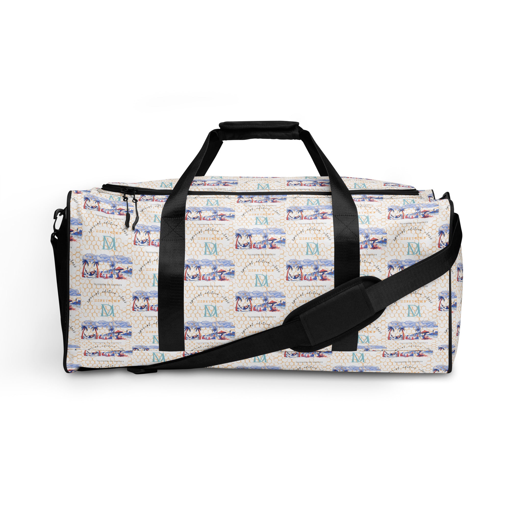 Daemon Luxury Honeybee Intel forecast duffle bag with all-over white print, featuring detailed bee and weather design.