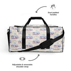 All-over print Honeybee Intel duffle bag by Daemon Luxury, white with detailed bee and forecast design, large carry handles.