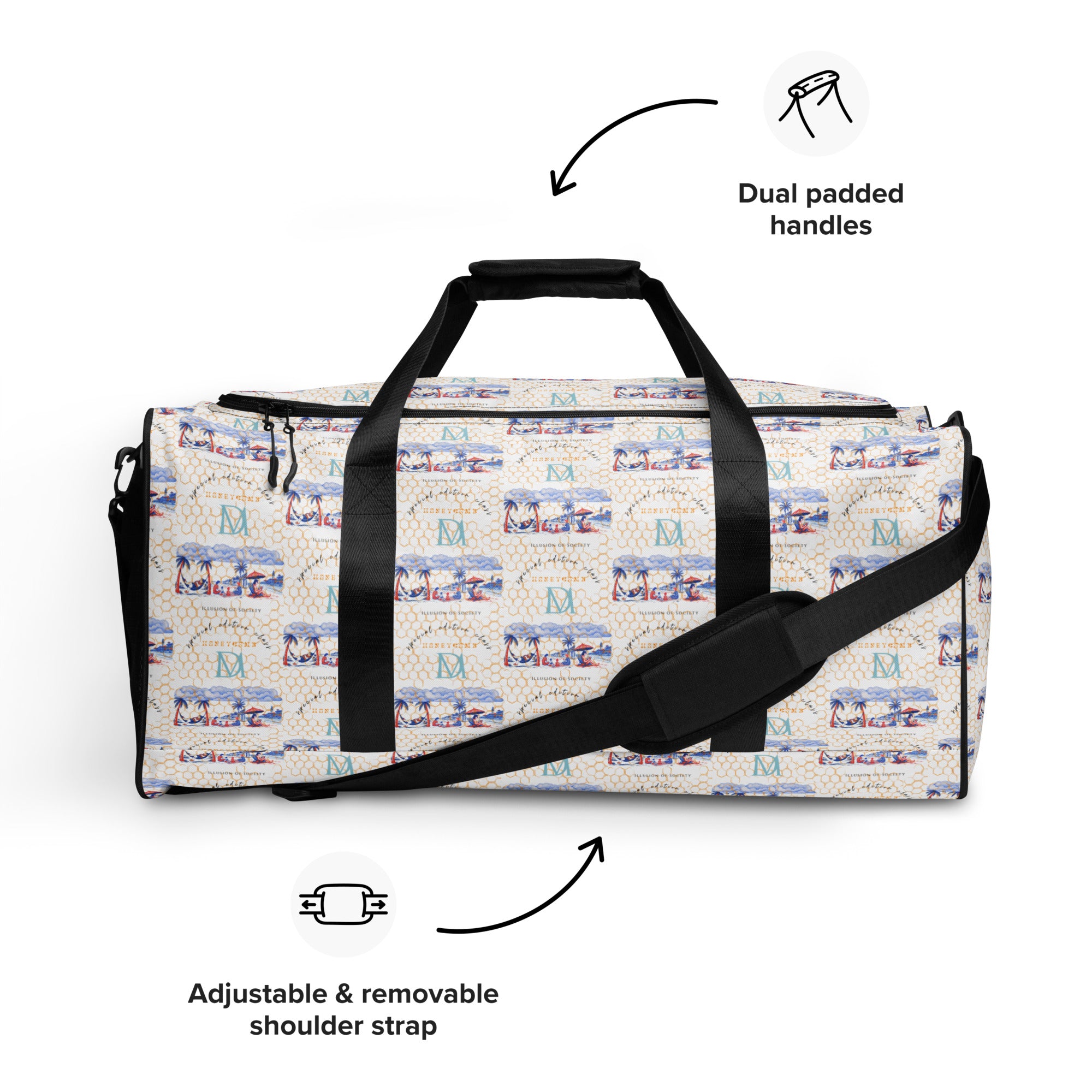 All-over print Honeybee Intel duffle bag by Daemon Luxury, white with detailed bee and forecast design, large carry handles.