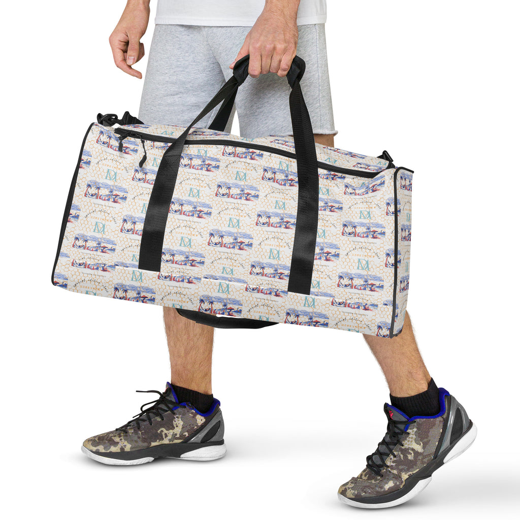 Daemon Luxury Honeybee Intel forecast all-over-print duffle bag in white with detailed bee and abstract design.