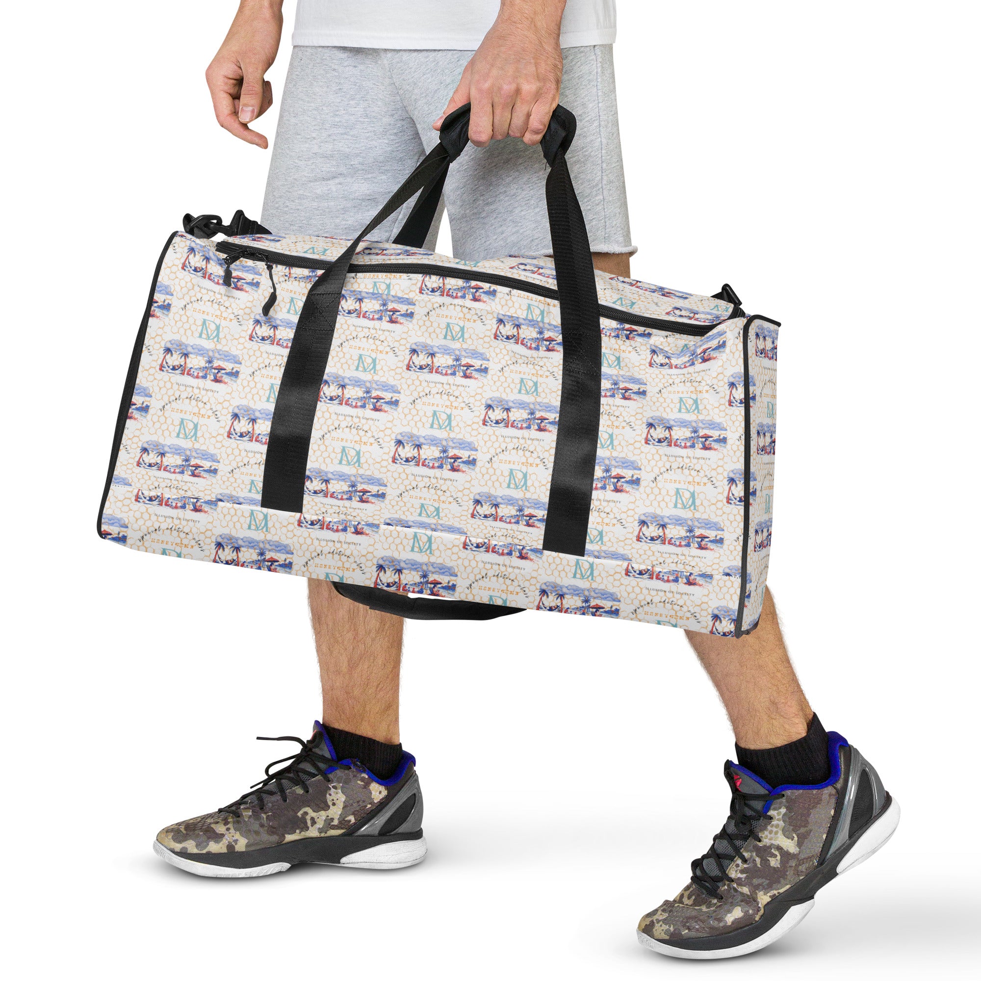 Daemon Luxury Honeybee Intel forecast all-over-print duffle bag in white with detailed bee and abstract design.