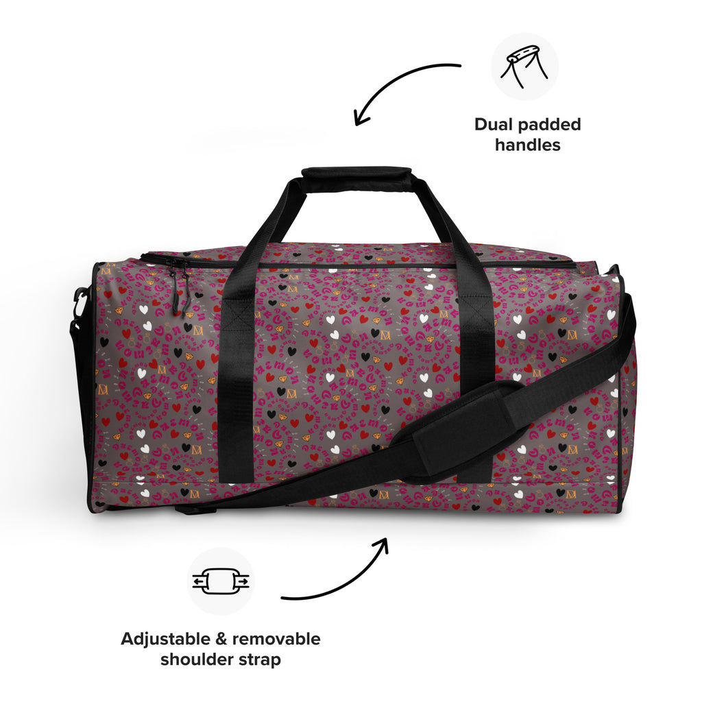 Daemon Luxury Carnival Bay Picasso Mirrors duffle bag with all-over white print, showcasing a stylish, spacious travel accessory.