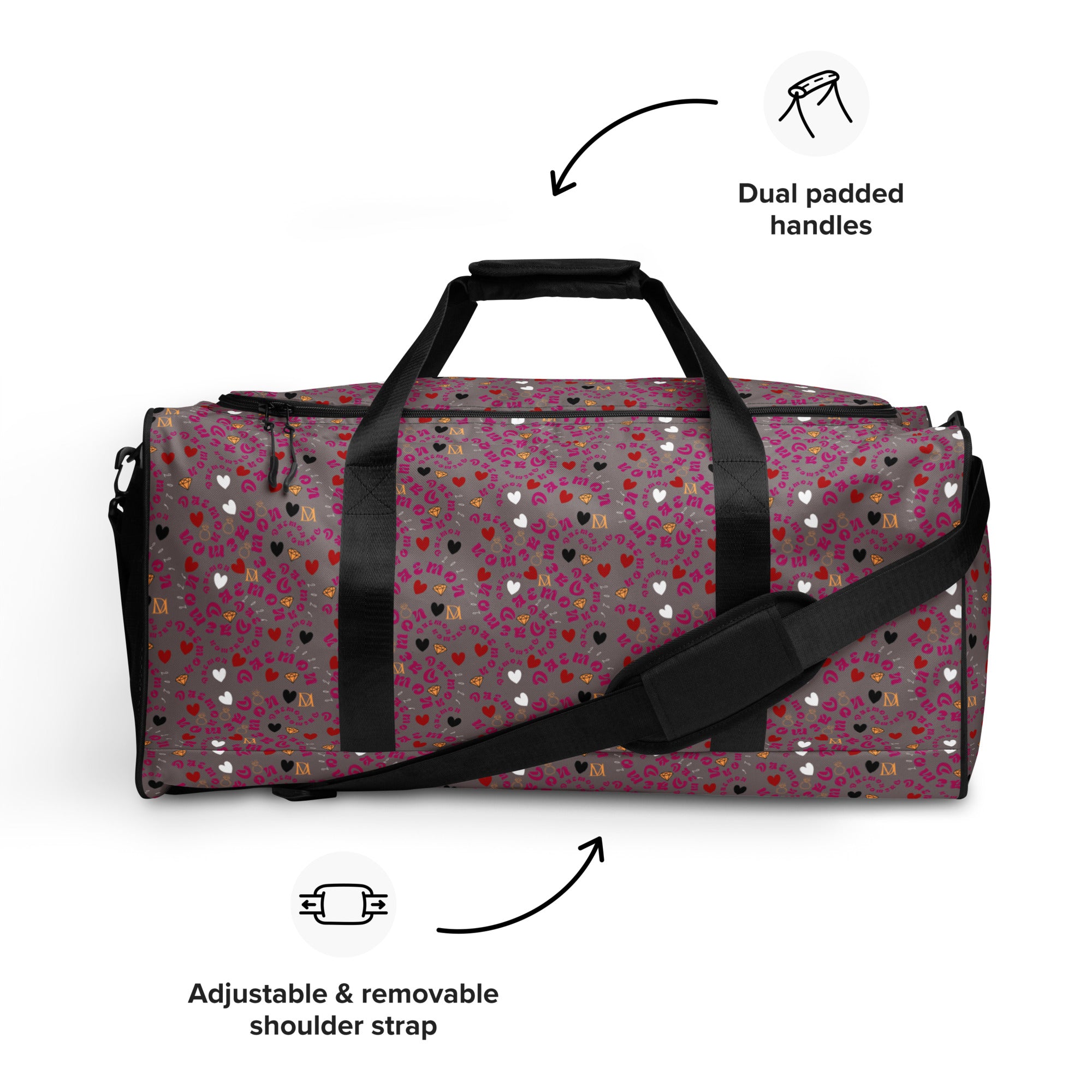 Daemon Luxury Carnival Bay Picasso Mirrors duffle bag with all-over white print, showcasing a stylish, spacious travel accessory.