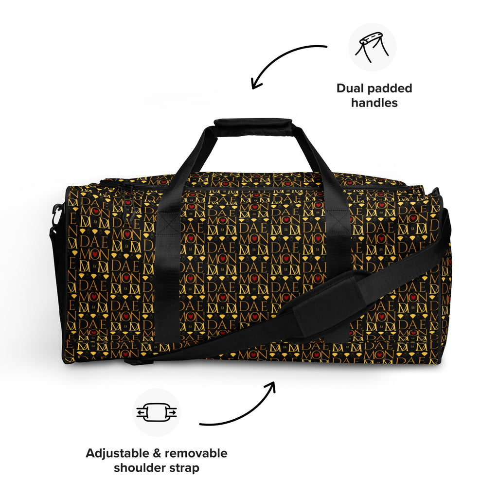 Daemon Luxury Sun Glow California all-over-print duffle bag in white with vibrant sun-themed design on the front.