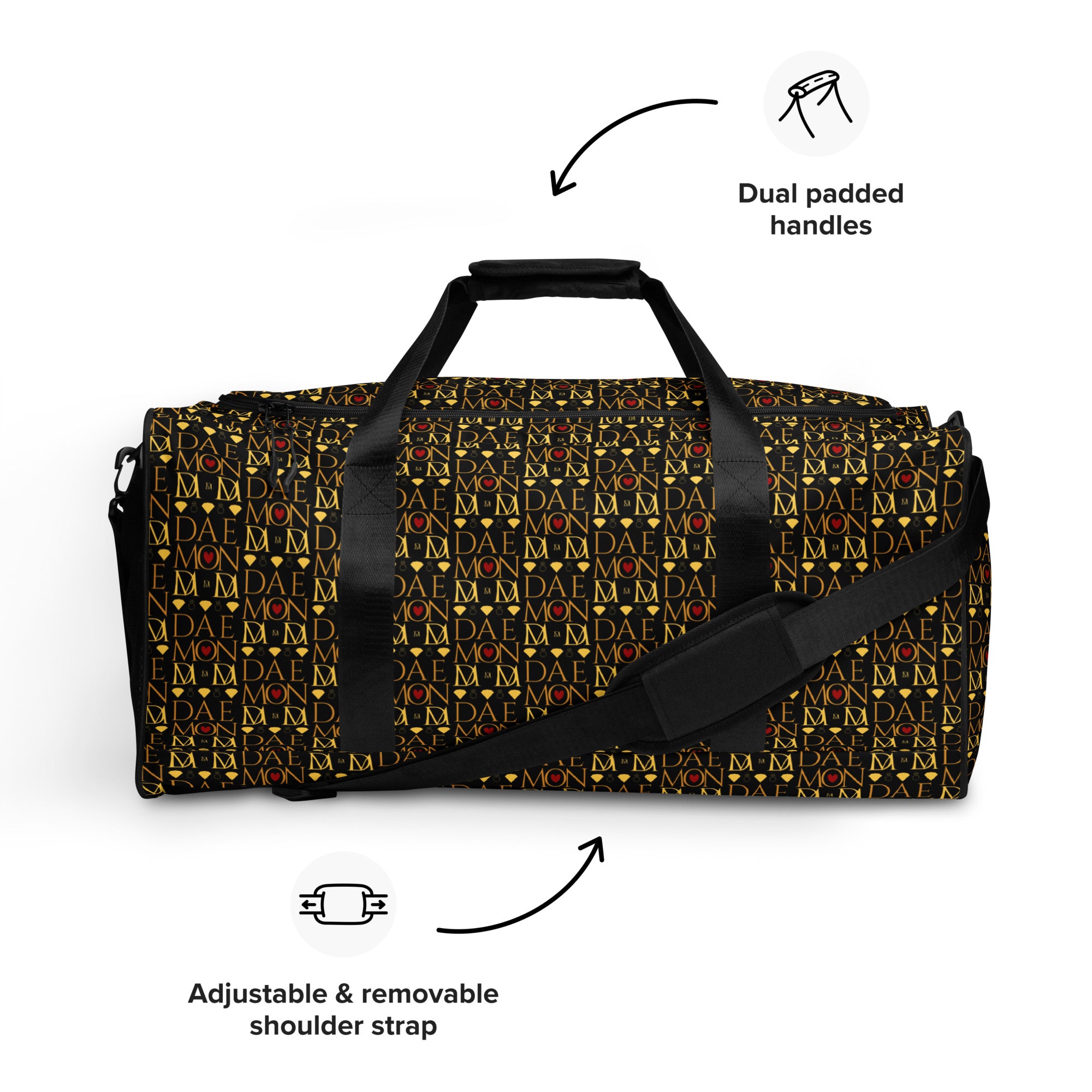 Daemon Luxury Sun Glow California all-over-print duffle bag in white with vibrant sun-themed design on the front.