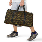 Daemon Luxury Sun Glow California all-over-print duffle bag in white with vibrant sun and palm tree design, spacious travel bag.