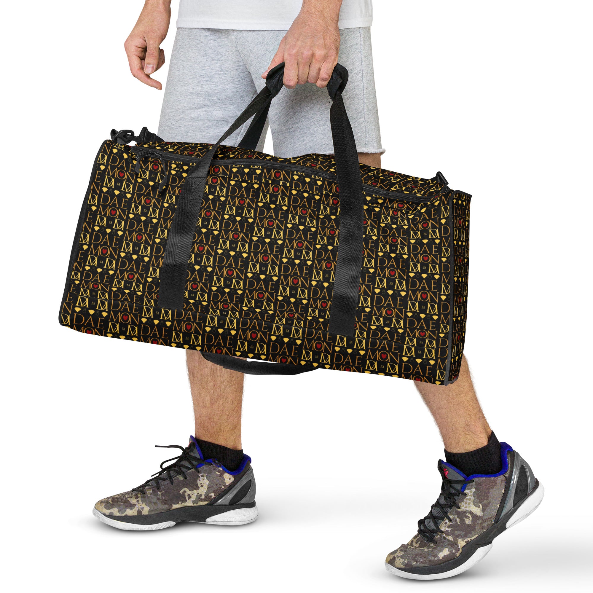 Daemon Luxury Sun Glow California all-over-print duffle bag in white with vibrant sun and palm tree design, spacious travel bag.