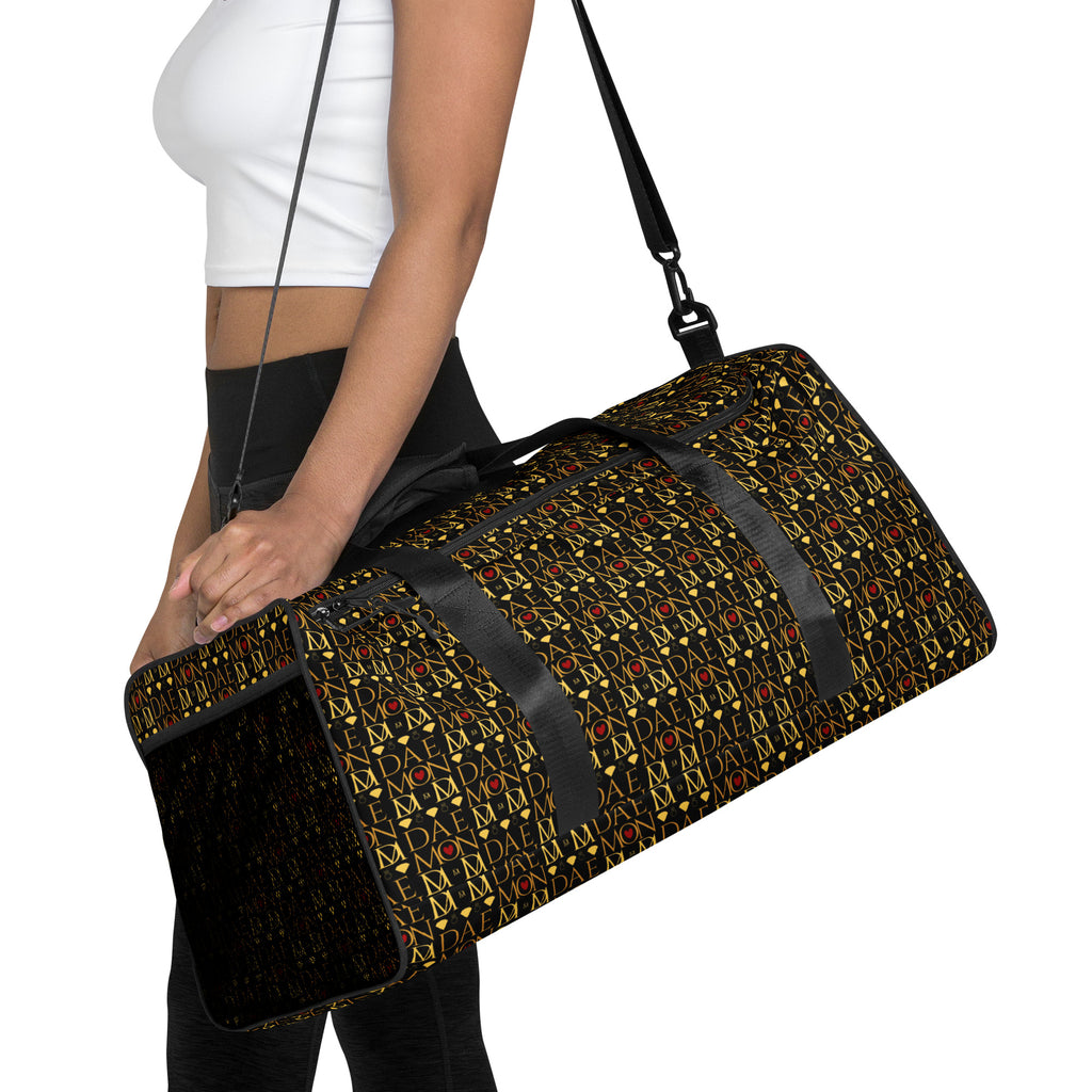 Sun Glow California Daemon Luxury duffle bag with all-over tropical print on white fabric, stylish and spacious travel accessory.