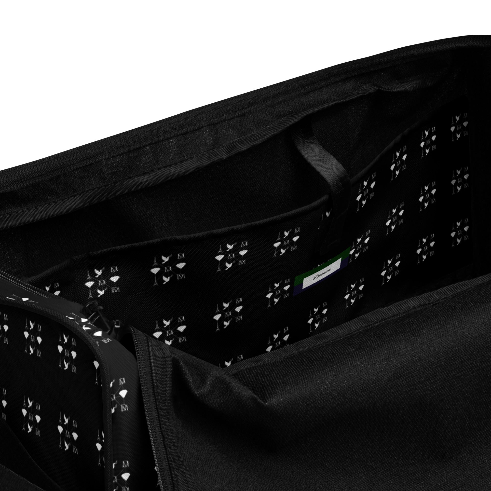 Daemon Makara Coroner duffle bag with all-over white print and interior pocket, designed for versatile travel and storage.