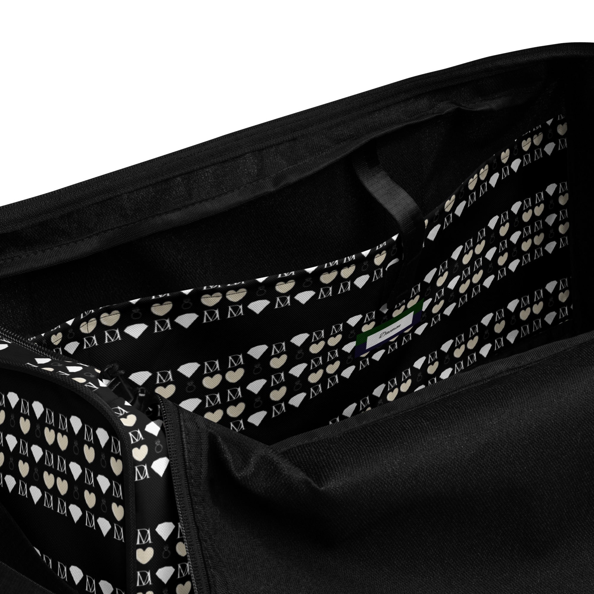 Daemon Frosted Diamonds Rich Love duffle bag with all-over print, white interior pocket, stylish and spacious travel accessory.