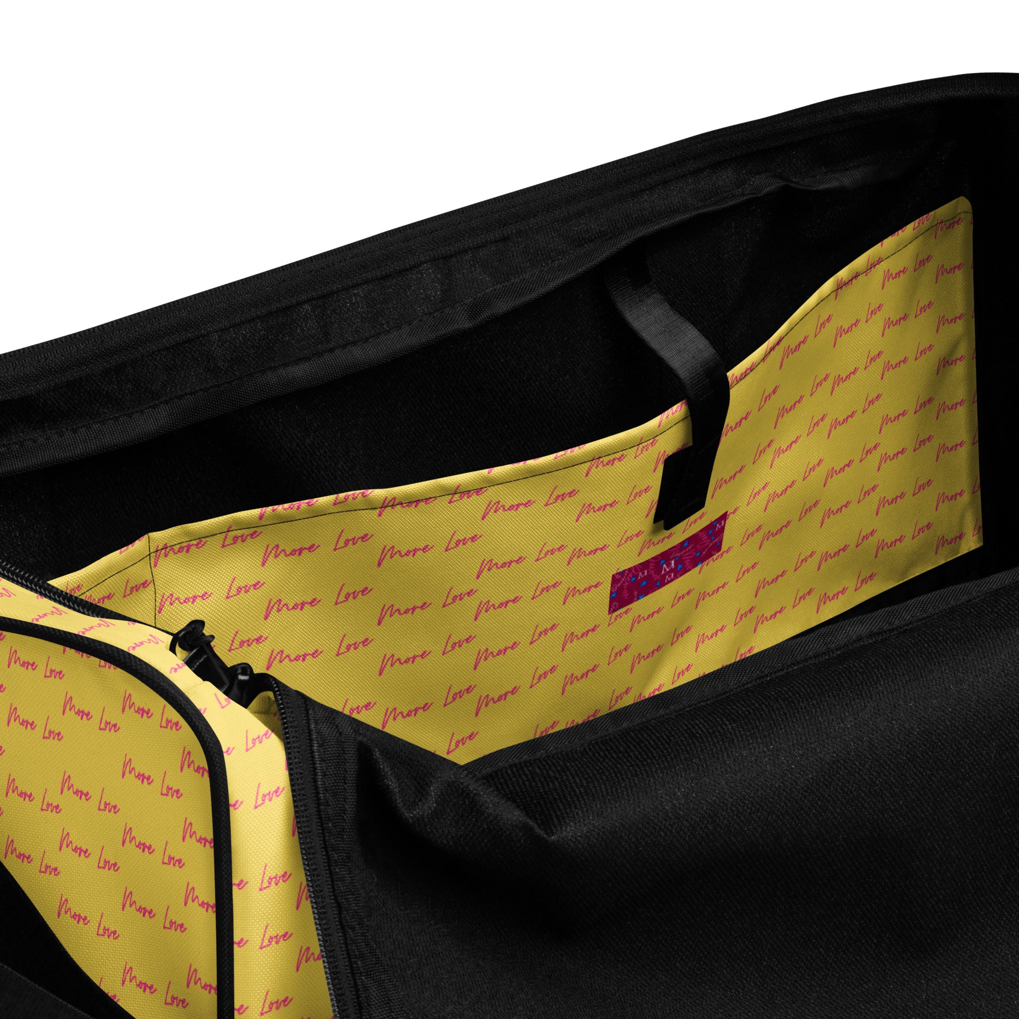 Pacifica Solar Butter Daemon Luxury all-over-print duffle bag with white interior and side pocket for travel and gym use.