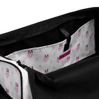 Daemon Luxury Frosted Hearts Artica duffle bag with all-over print, white interior, and side pocket for storage.