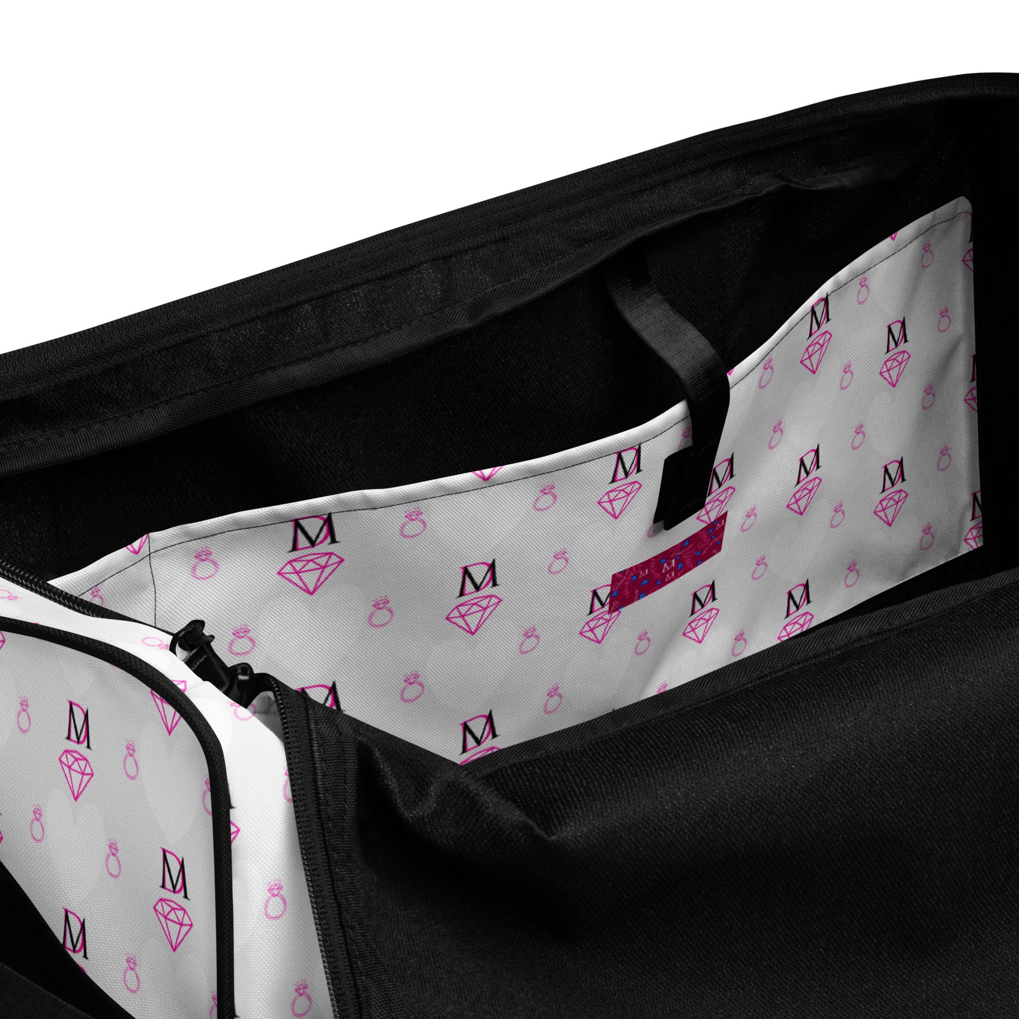 Daemon Luxury Frosted Hearts Artica duffle bag with all-over print, white interior, and side pocket for storage.