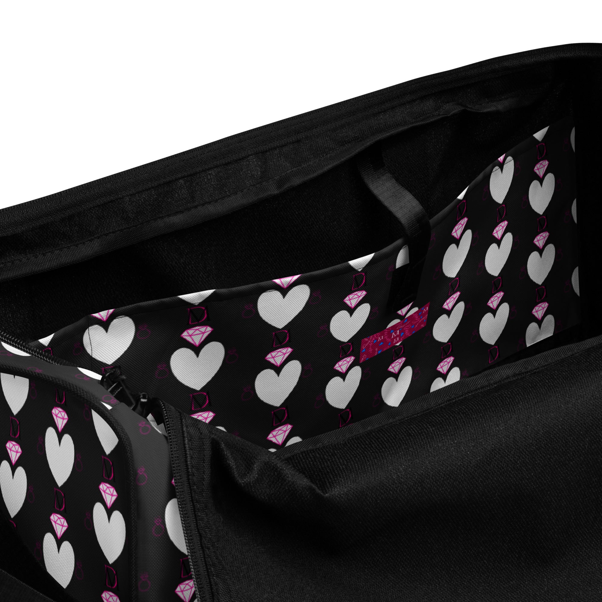 Frosted Hearts Nemesis Borsone duffle bag by Daemon Luxury with all-over white print and interior pocket.