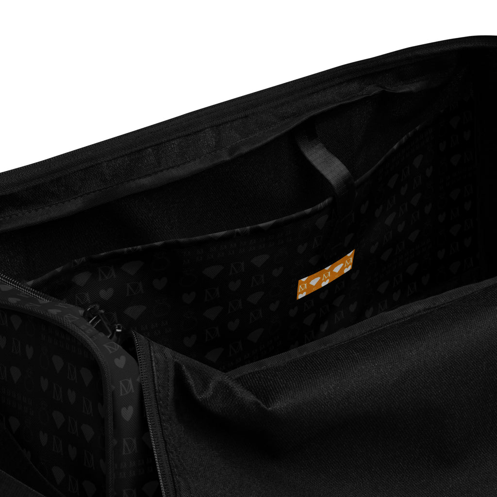Daemon Luxury Frosted Diamonds platinum duffle bag with all-over print, white interior pocket, stylish travel accessory.